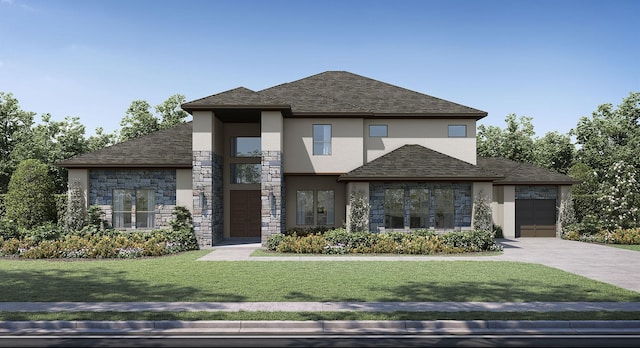 view of front of property with a garage and a front lawn