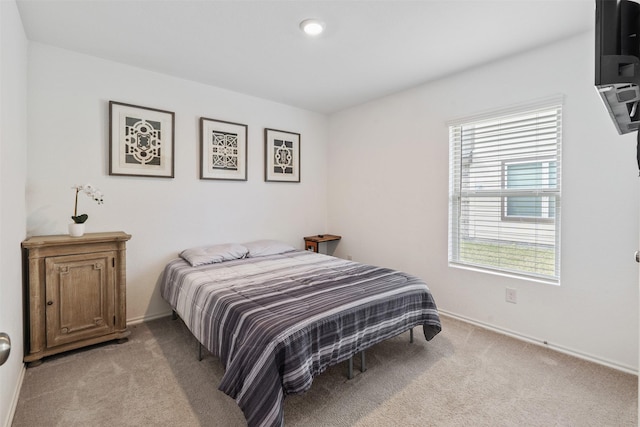 bedroom featuring multiple windows and light colored carpet