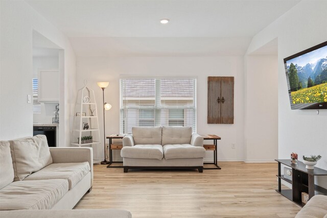 living room with light hardwood / wood-style flooring and vaulted ceiling