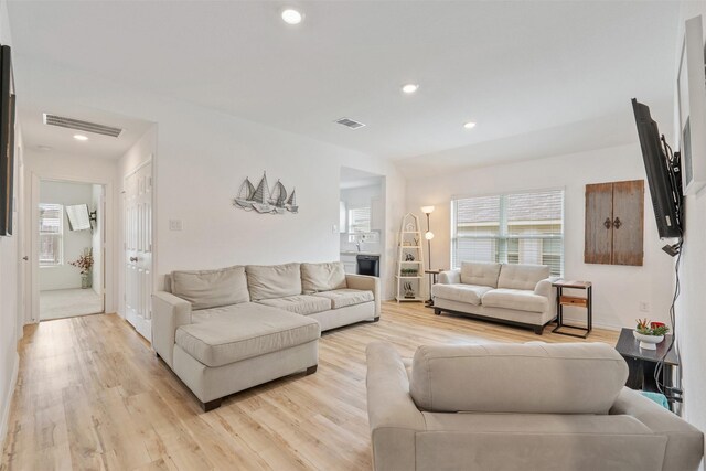 living room with light hardwood / wood-style flooring