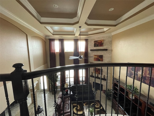 corridor featuring coffered ceiling and crown molding