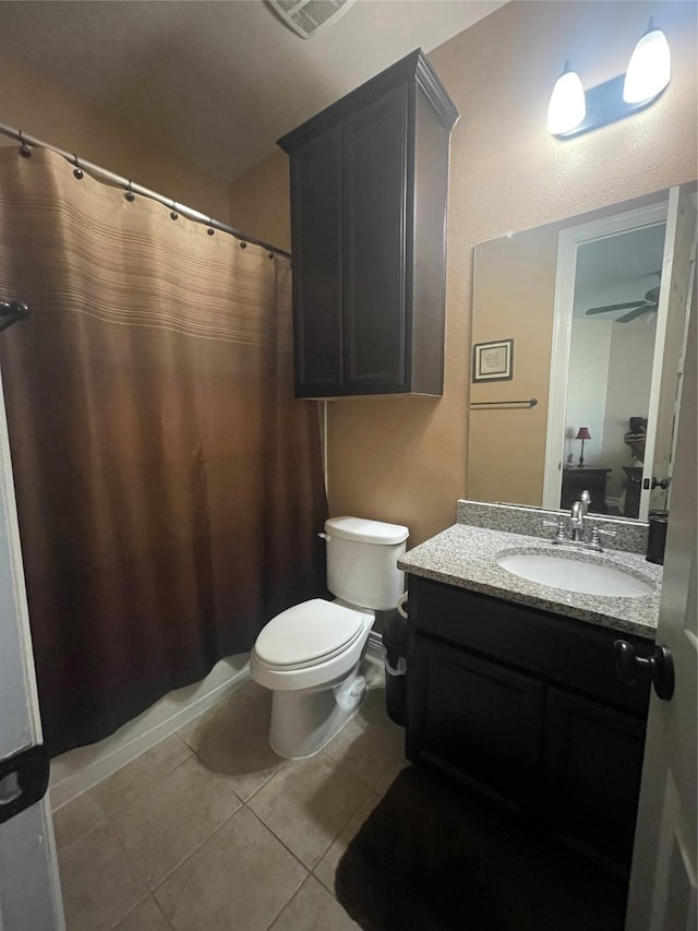 bathroom with vanity, tile patterned floors, ceiling fan, and toilet