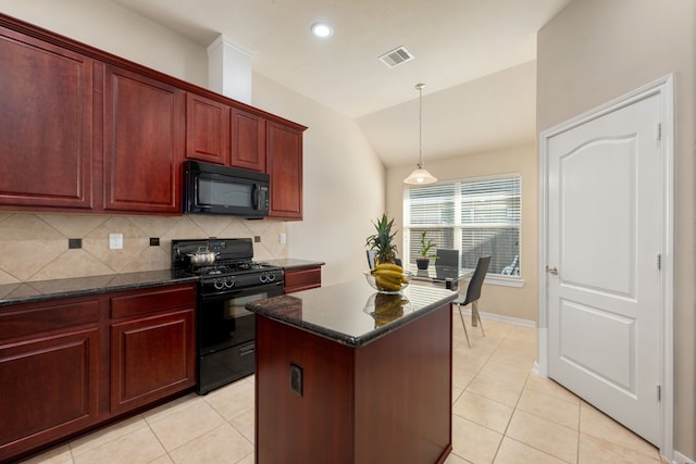 kitchen featuring lofted ceiling, light tile patterned flooring, black appliances, and tasteful backsplash