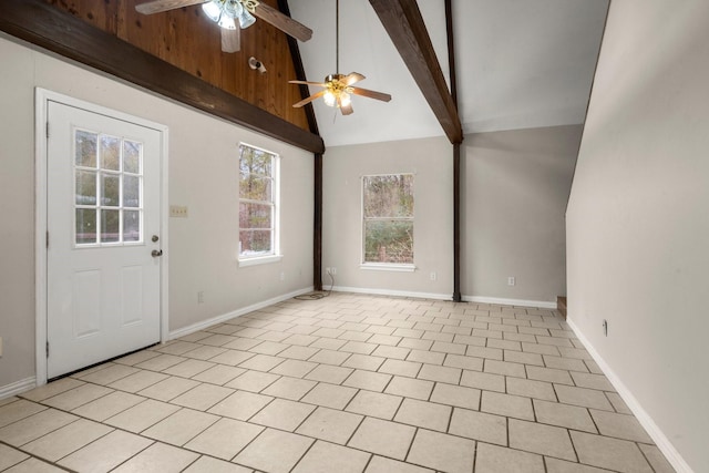 interior space with beam ceiling, ceiling fan, and high vaulted ceiling