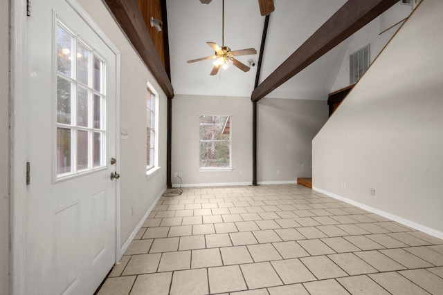 interior space with high vaulted ceiling, ceiling fan, and beamed ceiling