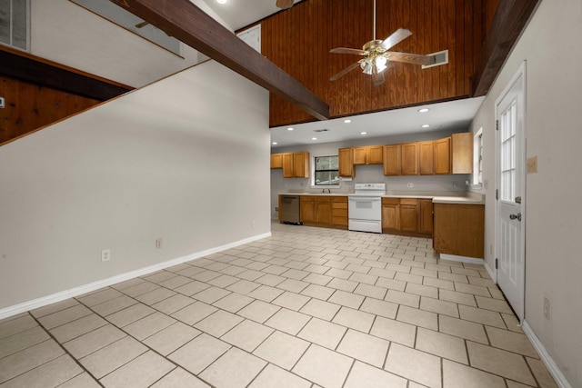 kitchen with ceiling fan, dishwasher, beam ceiling, electric range, and light tile patterned floors