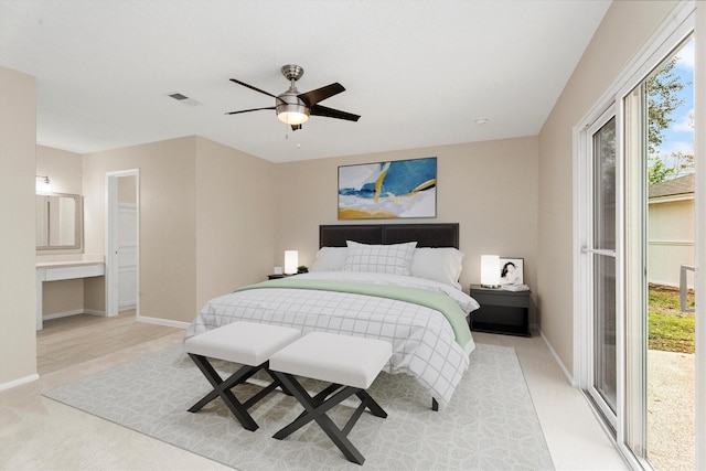 carpeted bedroom featuring ceiling fan and access to exterior