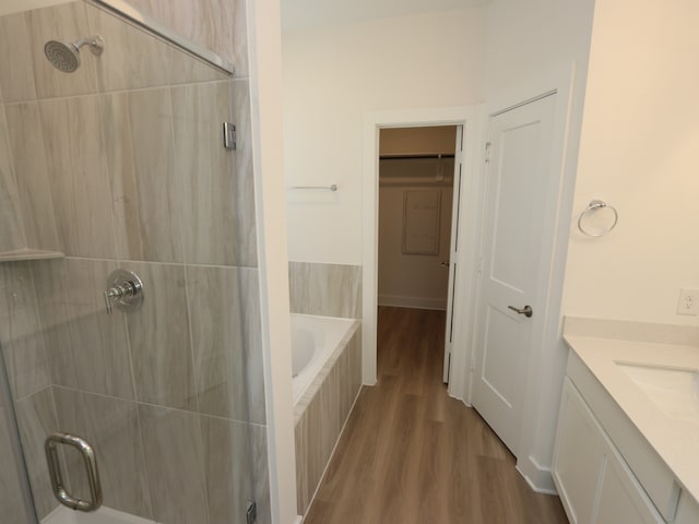 21734 Persian Lake Dr, Cypress, TX 77433 - bathroom featuring a shower stall, wood finished floors, a bath, and vanity