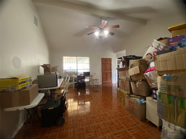 home office with high vaulted ceiling, parquet floors, ceiling fan, and beamed ceiling