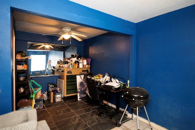 tiled office with ceiling fan