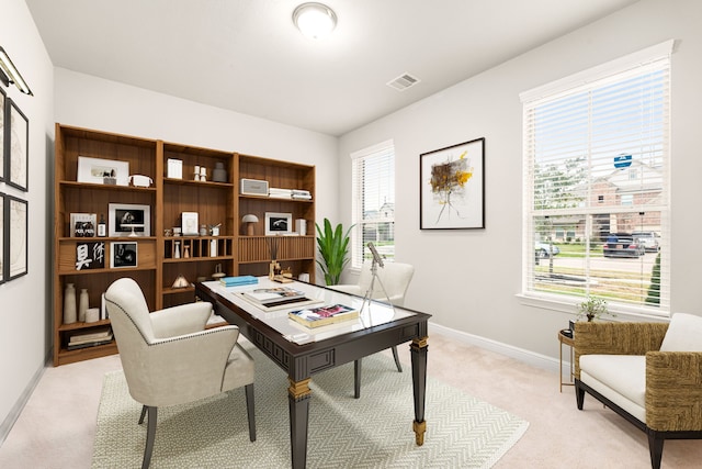 home office with light carpet