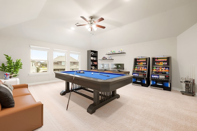 recreation room with pool table, light carpet, and lofted ceiling