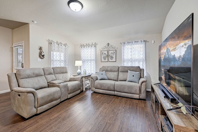 living room featuring lofted ceiling, dark wood-type flooring, a textured ceiling, and a healthy amount of sunlight