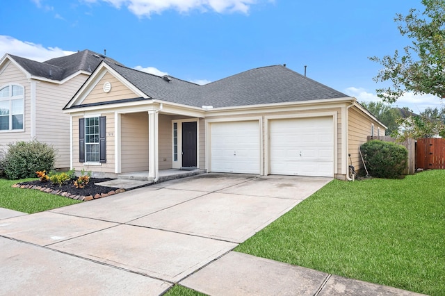 ranch-style house with a front yard and a garage