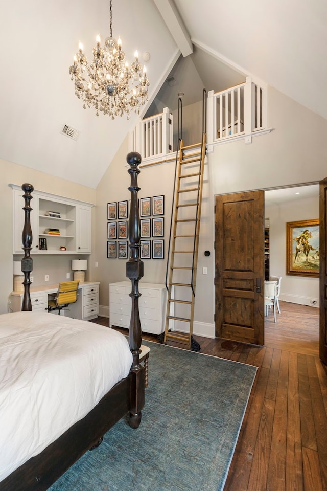 bedroom featuring beam ceiling, a notable chandelier, high vaulted ceiling, and dark hardwood / wood-style floors