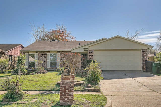 ranch-style house featuring a front yard and a garage