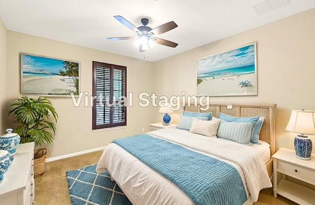 bedroom featuring ceiling fan and light colored carpet