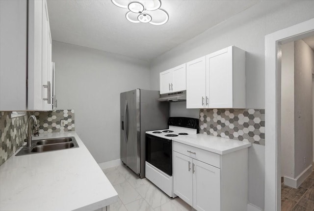 kitchen with white cabinets, stainless steel fridge with ice dispenser, sink, electric range oven, and backsplash