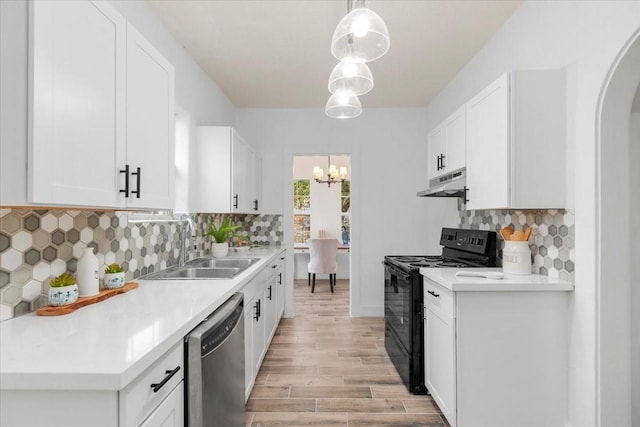 kitchen with white cabinets, hanging light fixtures, dishwasher, and black electric range oven