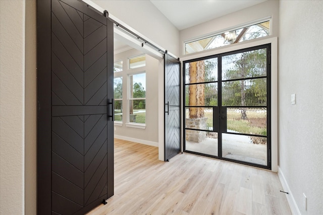 doorway to outside featuring a barn door and light wood-type flooring