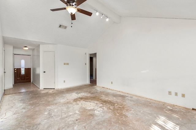 spare room featuring ceiling fan, track lighting, beam ceiling, and high vaulted ceiling