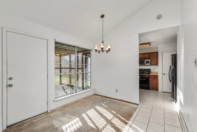 unfurnished dining area featuring light tile patterned floors, an inviting chandelier, and vaulted ceiling