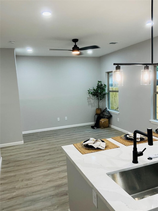 exercise room featuring sink, ceiling fan, and hardwood / wood-style flooring