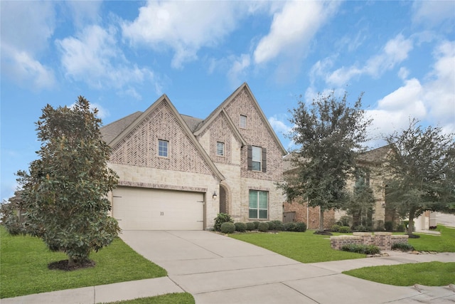 english style home with a front yard and a garage