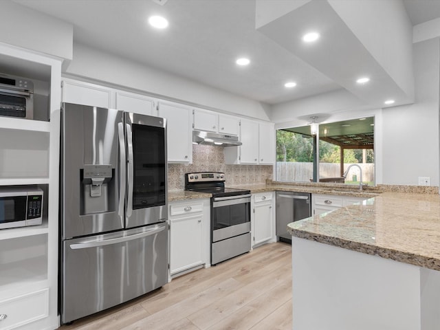 kitchen featuring stainless steel appliances, white cabinets, tasteful backsplash, kitchen peninsula, and light stone countertops