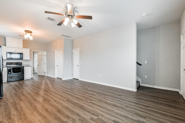 kitchen with black appliances, dark hardwood / wood-style flooring, white cabinetry, and ceiling fan