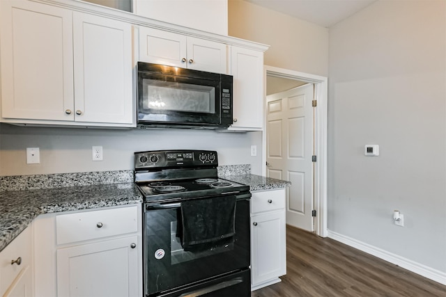 kitchen featuring white cabinetry, dark hardwood / wood-style floors, black appliances, and light stone countertops