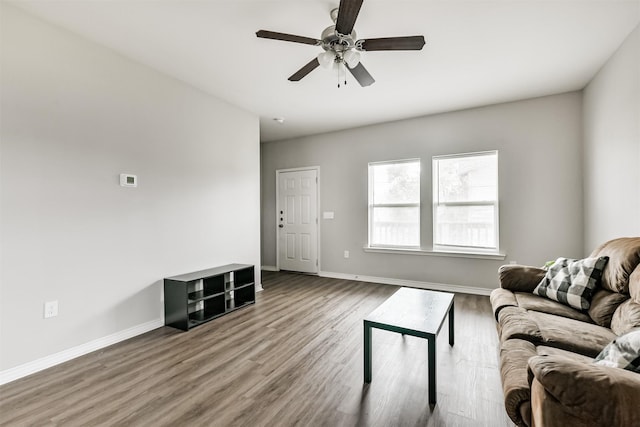 living room featuring ceiling fan and wood-type flooring