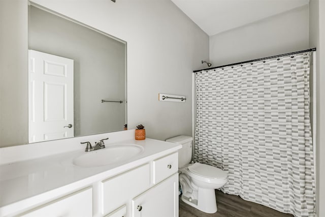 bathroom with hardwood / wood-style flooring, toilet, vanity, and a shower with shower curtain