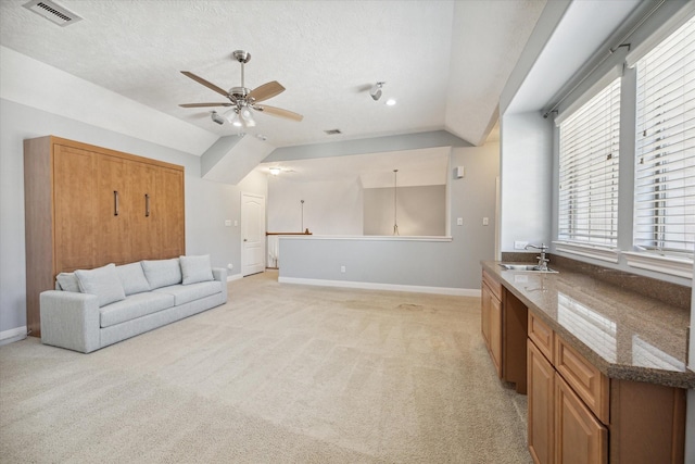 carpeted living room with lofted ceiling, a textured ceiling, ceiling fan, and sink