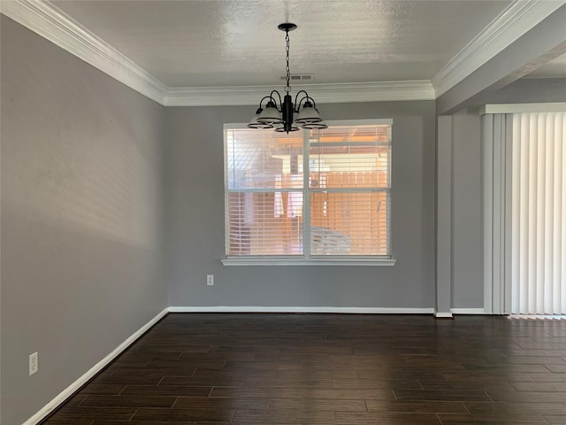 unfurnished dining area with an inviting chandelier and crown molding