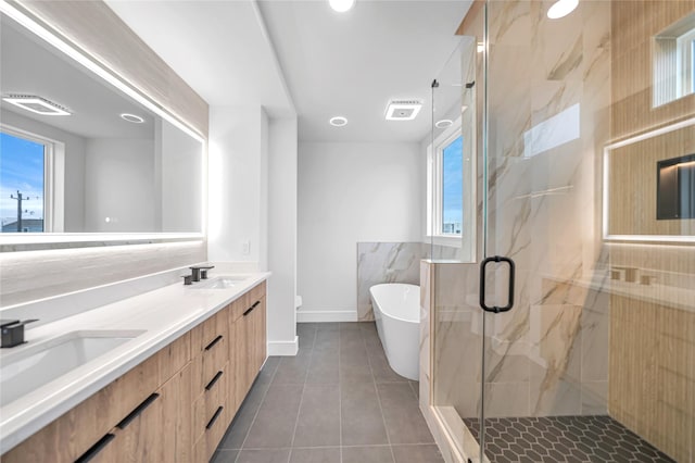 full bathroom featuring vanity, plus walk in shower, tile patterned floors, and toilet