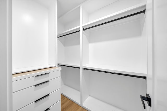 walk in closet with light hardwood / wood-style flooring