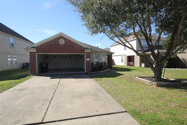 view of front of property featuring central air condition unit and a front yard