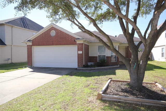 ranch-style house with a garage and a front yard