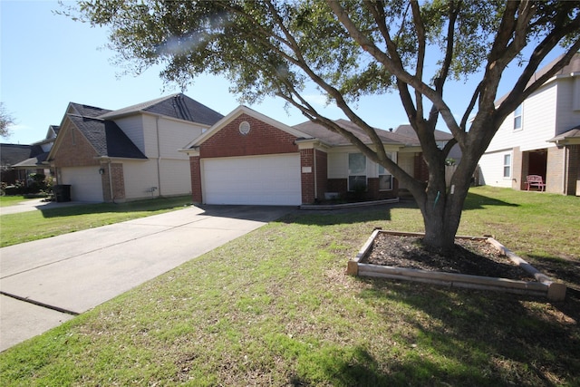 single story home with a garage and a front lawn