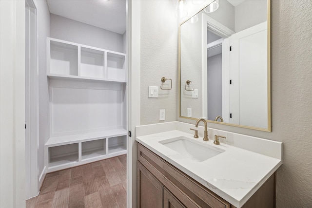 bathroom featuring vanity and wood-type flooring