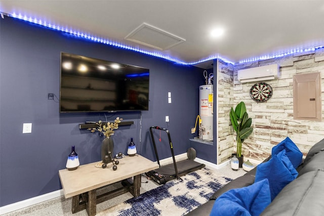 interior space featuring electric panel, water heater, and an AC wall unit