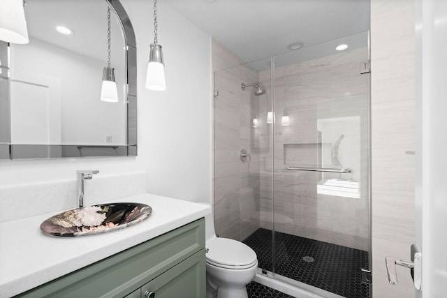 bathroom with a shower with door, vanity, and toilet