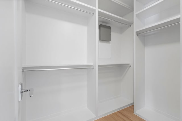 walk in closet with light hardwood / wood-style floors