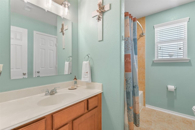 full bathroom featuring vanity, shower / bath combination with curtain, and toilet