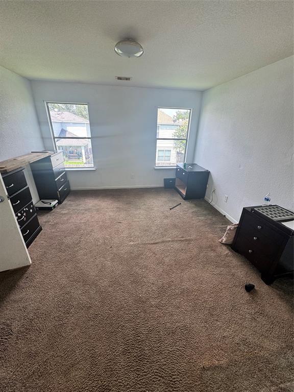 interior space featuring a healthy amount of sunlight, a textured ceiling, and dark carpet