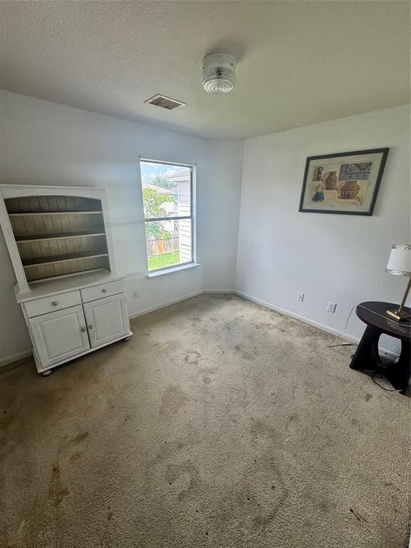 interior space with light colored carpet and a textured ceiling