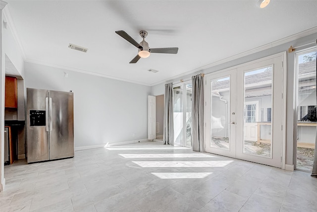 interior space with ceiling fan, crown molding, and french doors