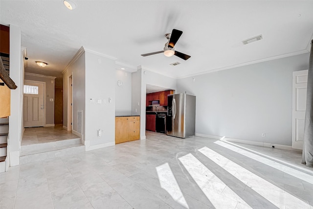 unfurnished living room with ceiling fan and crown molding