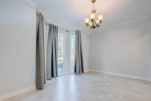 spare room featuring an inviting chandelier and crown molding